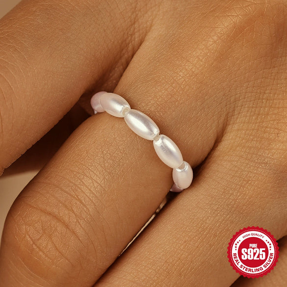 S925 Sterling Silver French Vintage Small Rice Grain Pearl Women's Elegant Chain Adjustable Ring With Electroplating And Real Gold Plating