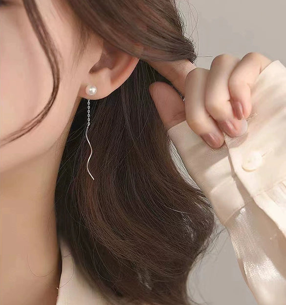 S925 Sterling Silver Freshwater Pearl Wave Curve Drop Earrings Simple Light Luxury Retro Bead Earrings For Women
