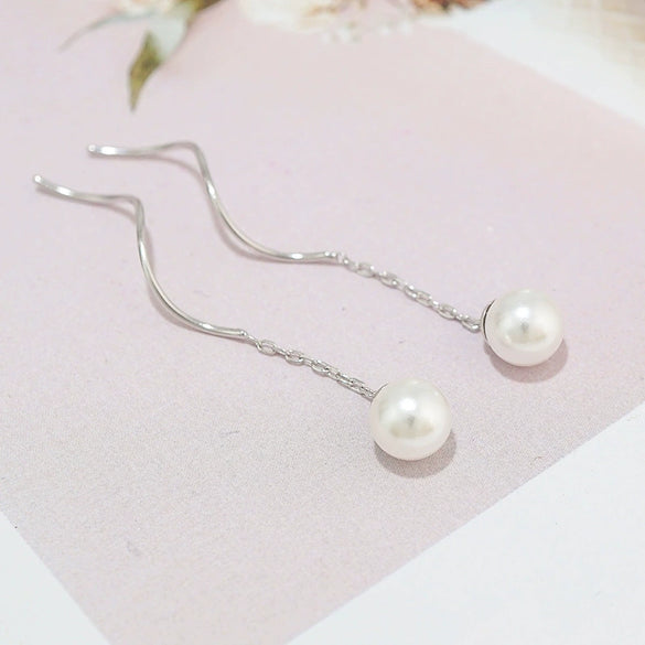 S925 Sterling Silver Freshwater Pearl Wave Curve Drop Earrings Simple Light Luxury Retro Bead Earrings For Women