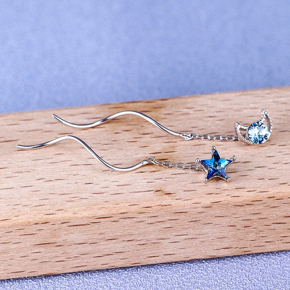 S925 Sterling Silver Geometric Asymmetric Tassel Earrings With Blue Star Moon And Wave Ear Line Design