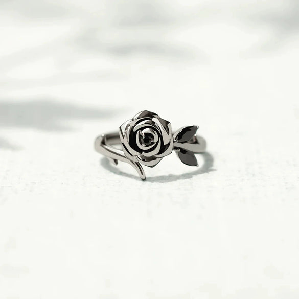 S925 Sterling Silver Geometric Black Flower Rose Ring For Women Electroplated
