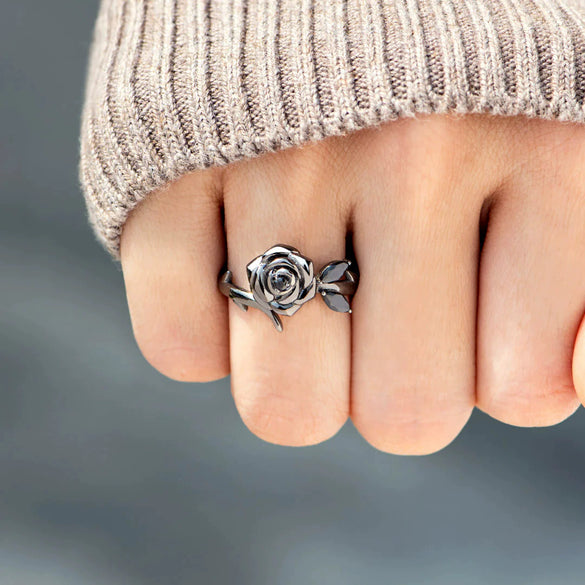 S925 Sterling Silver Geometric Black Flower Rose Ring For Women Electroplated