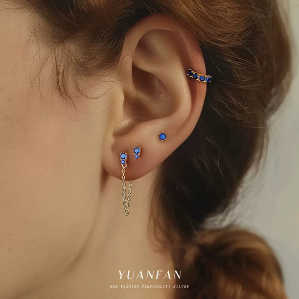 S925 Sterling Silver Geometric Blue Zirconium Earrings For Women Light Luxury Simple Style