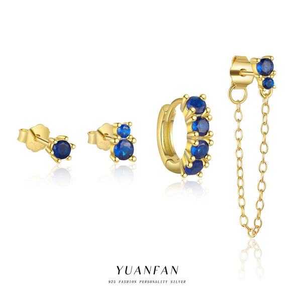 S925 Sterling Silver Geometric Blue Zirconium Earrings For Women Light Luxury Simple Style