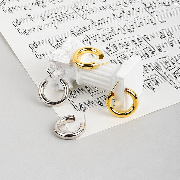 S925 Sterling Silver Geometric C Shape Hoop Earrings Electroplated Minimalist Light Luxury Statement Jewelry