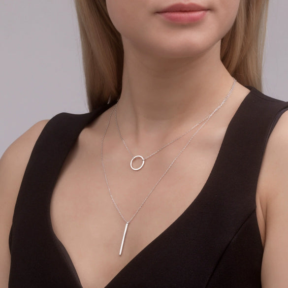S925 Sterling Silver Geometric Circle Necklace With Inlaid Zircon Fashion Simple Light Luxury Niche Design Double Clavicle Chain For Women