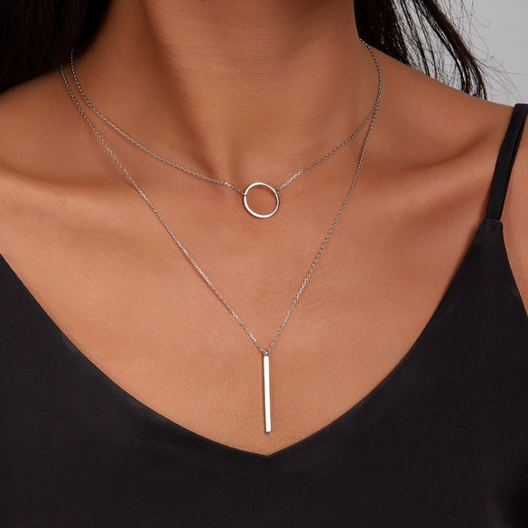S925 Sterling Silver Geometric Circle Necklace With Inlaid Zircon Fashion Simple Light Luxury Niche Design Double Clavicle Chain For Women