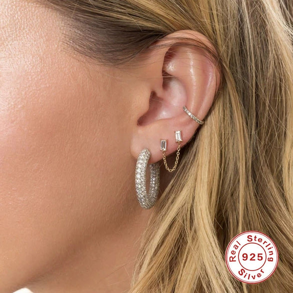 S925 Sterling Silver Geometric Creative Single Diamond Chain Earrings For Women