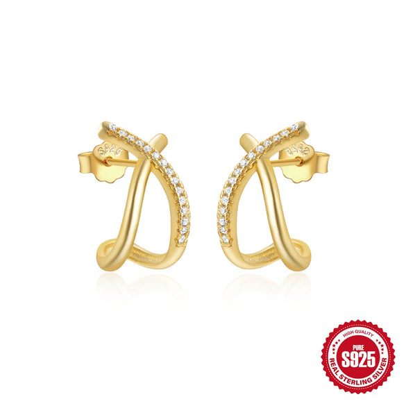 S925 Sterling Silver Geometric Cshaped Wave Electroplated Diamond Stud Earrings For Women