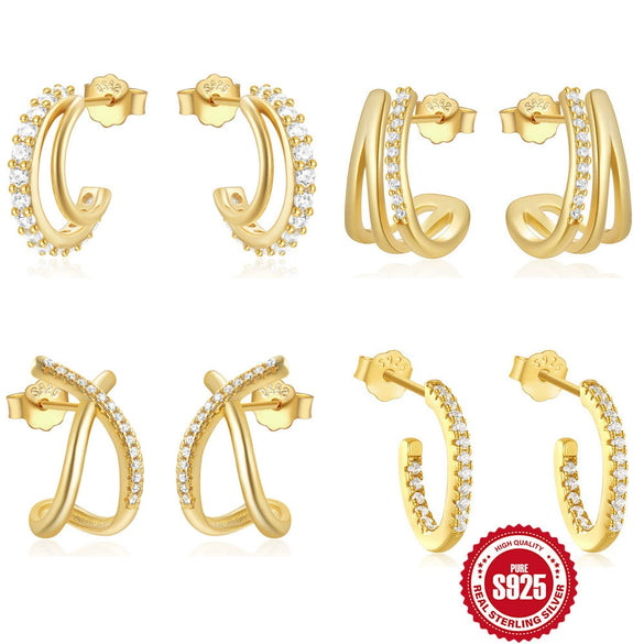 S925 Sterling Silver Geometric Cshaped Wave Electroplated Diamond Stud Earrings For Women