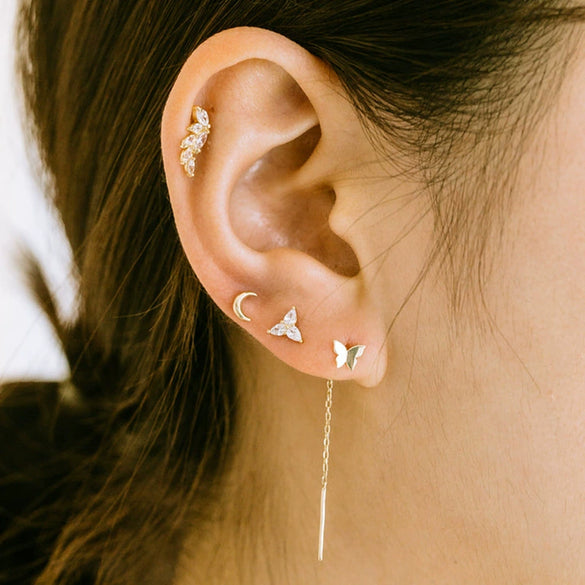 S925 Sterling Silver Geometric Diamond Pearl Ear Bone Nail Auricle Flat Head Thread Body Piercing Earrings With Environmental Protection Electroplating For Women