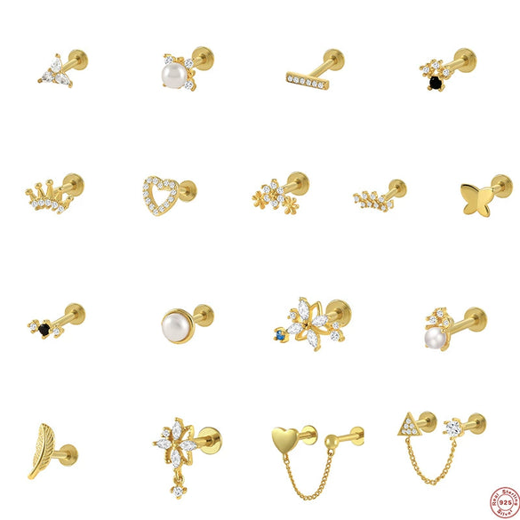 S925 Sterling Silver Geometric Diamond Pearl Ear Bone Nail Auricle Flat Head Thread Body Piercing Earrings With Environmental Protection Electroplating For Women