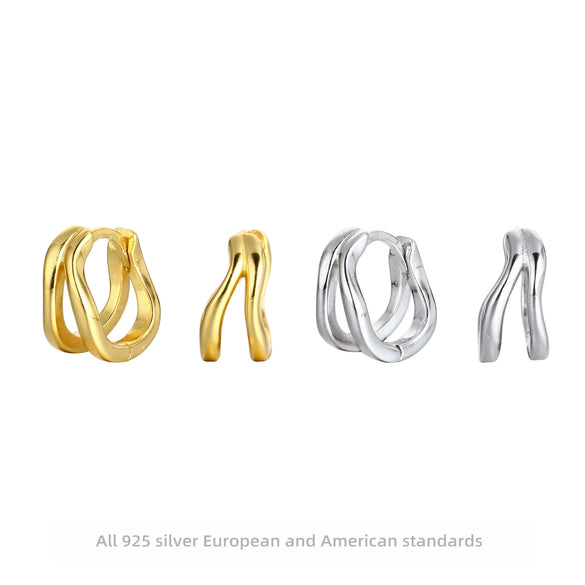 S925 Sterling Silver Geometric Double Ring Earrings Simple Fresh Creative Electroplated