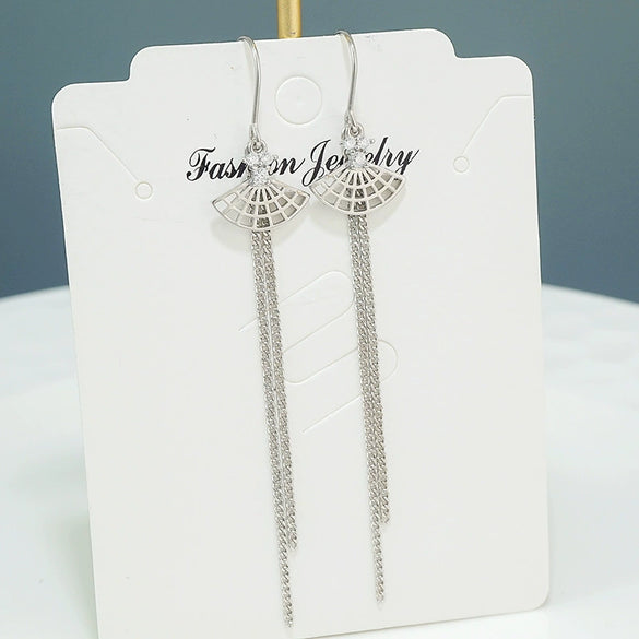 S925 Sterling Silver Geometric Fan Shaped Long Tassel Ear Line Earrings Elegant Small Fresh Style
