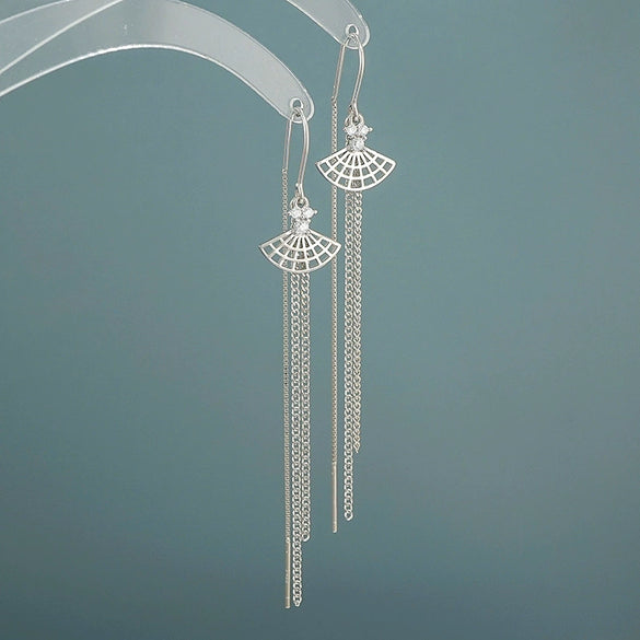 S925 Sterling Silver Geometric Fan Shaped Long Tassel Ear Line Earrings Elegant Small Fresh Style