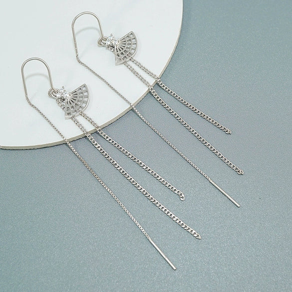 S925 Sterling Silver Geometric Fan Shaped Long Tassel Ear Line Earrings Elegant Small Fresh Style