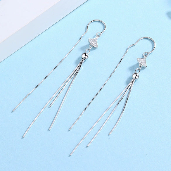 S925 Sterling Silver Geometric Fan Shaped Long Tassel Threader Earrings Simple Elegant Drop Earrings For Women