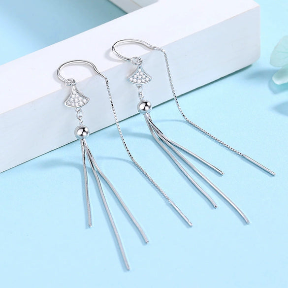 S925 Sterling Silver Geometric Fan Shaped Long Tassel Threader Earrings Simple Elegant Drop Earrings For Women