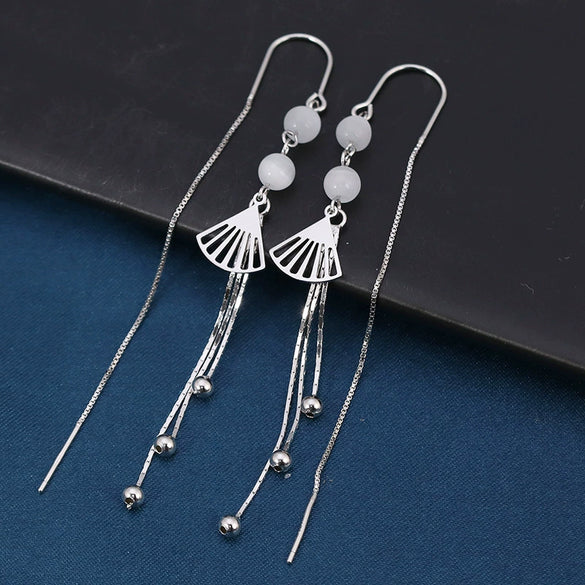 S925 Sterling Silver Geometric Fan Shaped Tassel Ear Line Earrings Retro Style Long Drop Earrings For Women