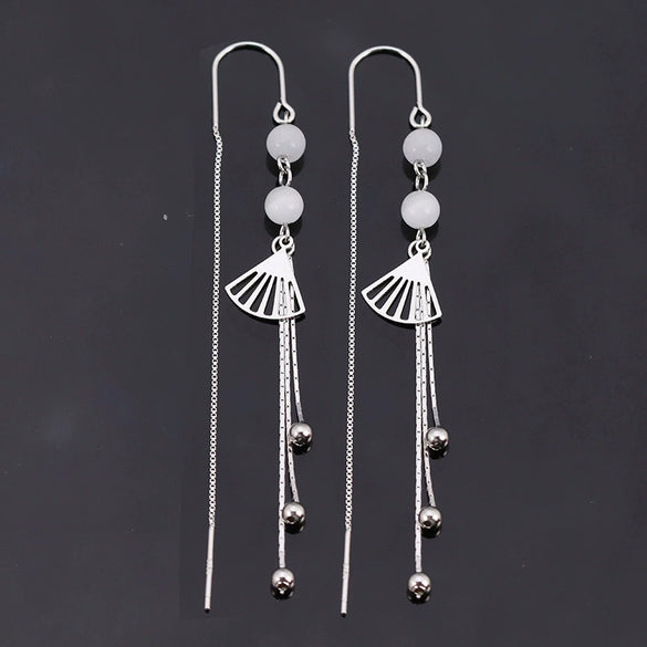 S925 Sterling Silver Geometric Fan Shaped Tassel Ear Line Earrings Retro Style Long Drop Earrings For Women