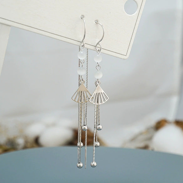 S925 Sterling Silver Geometric Fan Shaped Tassel Ear Line Earrings Retro Style Long Drop Earrings For Women