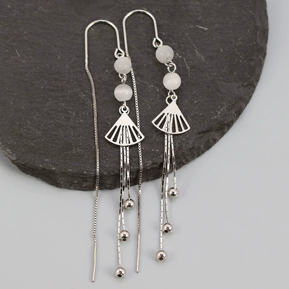 S925 Sterling Silver Geometric Fan Shaped Tassel Ear Line Earrings Retro Style Long Drop Earrings For Women