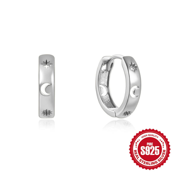 S925 Sterling Silver Geometric Five Pointed Star Moon Earrings With Zircon Inlay And Electroplating For Women