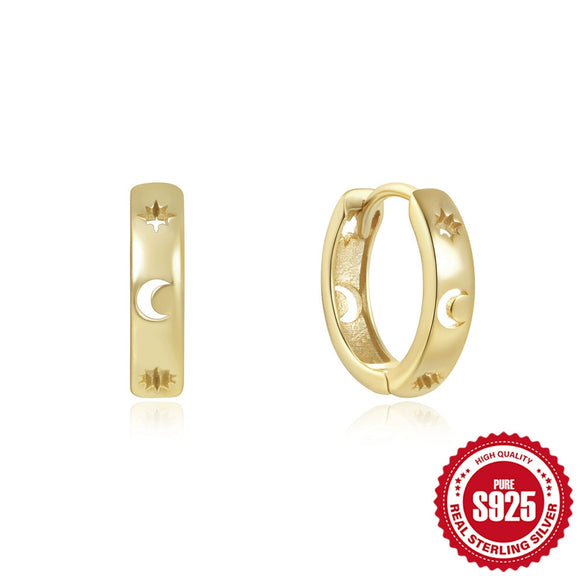 S925 Sterling Silver Geometric Five Pointed Star Moon Earrings With Zircon Inlay And Electroplating For Women