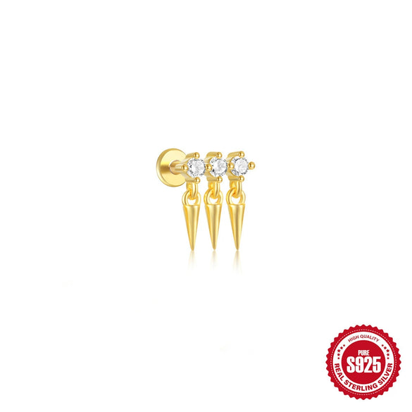 S925 Sterling Silver Geometric Flat Bottom Piercing Thread Ear Nail With Cone Crown Pendant And Water Drop Design Environmental Protection Electroplated Ear Jewelry