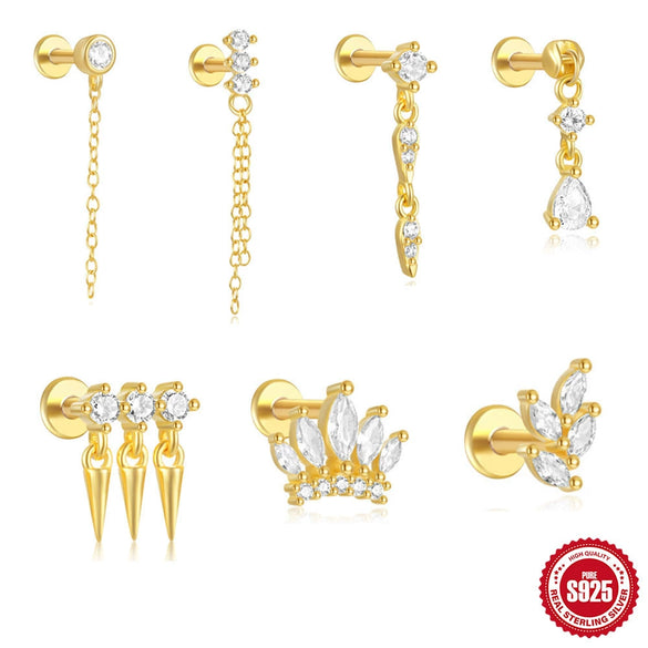 S925 Sterling Silver Geometric Flat Bottom Piercing Thread Ear Nail With Cone Crown Pendant And Water Drop Design Environmental Protection Electroplated Ear Jewelry