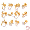 S925 Sterling Silver Geometric Flower Moon Diamond Flat Head Internal Thread Smooth Puncture Cartilage Ear Nail Electroplated For Women