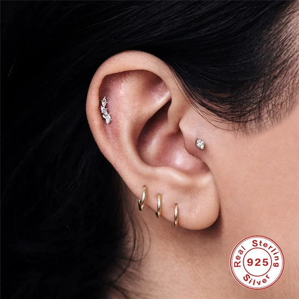 S925 Sterling Silver Geometric Flower Moon Diamond Flat Head Internal Thread Smooth Puncture Cartilage Ear Nail Electroplated For Women