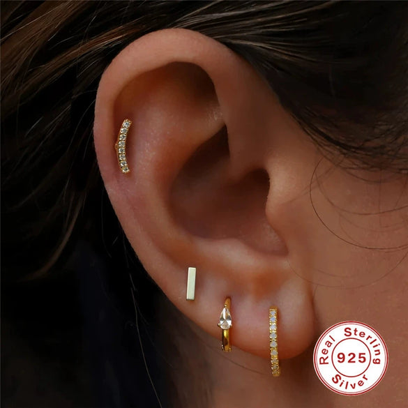 S925 Sterling Silver Geometric Flower Moon Diamond Flat Head Internal Thread Smooth Puncture Cartilage Ear Nail Electroplated For Women