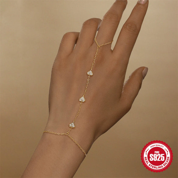 S925 Sterling Silver Geometric Heart Shaped Electroplated Women's Bracelet Ring Chain Finger Chain