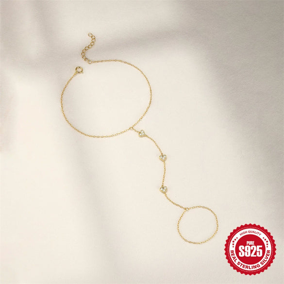 S925 Sterling Silver Geometric Heart Shaped Electroplated Women's Bracelet Ring Chain Finger Chain