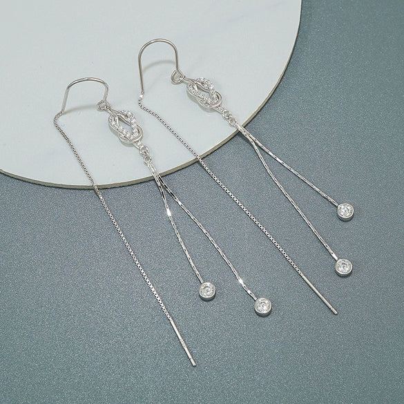 S925 Sterling Silver Geometric Interlocking Tassel Earrings Elegant Fairy Style Long Ear Line