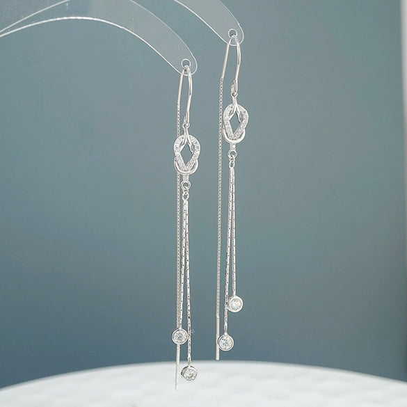 S925 Sterling Silver Geometric Interlocking Tassel Earrings Elegant Fairy Style Long Ear Line