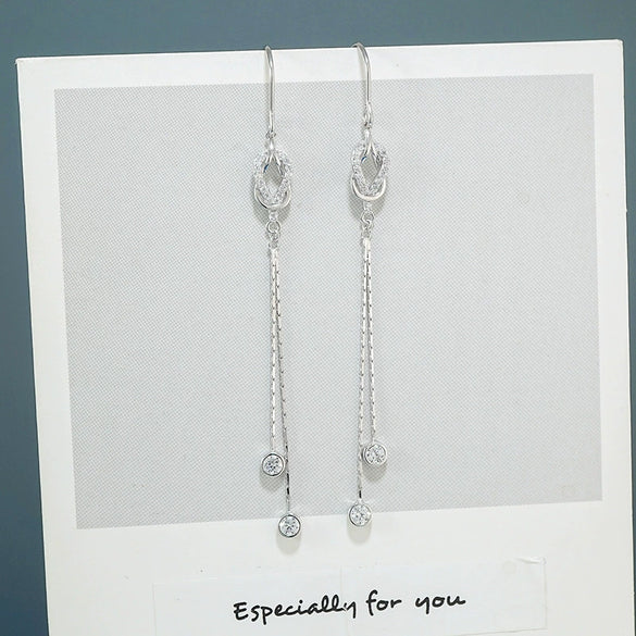 S925 Sterling Silver Geometric Interlocking Tassel Earrings Elegant Fairy Style Long Ear Line