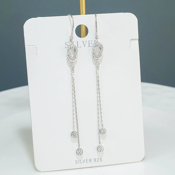 S925 Sterling Silver Geometric Interlocking Tassel Earrings Elegant Fairy Style Long Ear Line