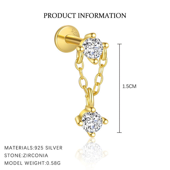 S925 Sterling Silver Geometric Micropaved Light Luxury Women's Fashion Earrings With Doublelayer Tassel Chain