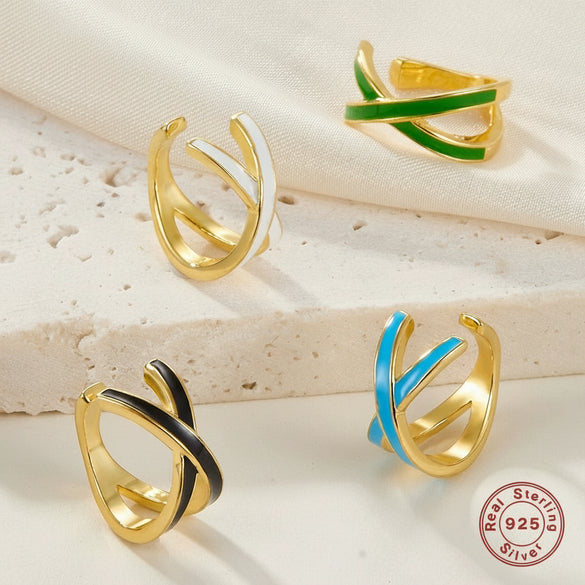 S925 Sterling Silver Geometric Oil Dripping Enamel Nonpierced Ear Clips For Women Electroplated