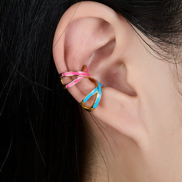 S925 Sterling Silver Geometric Oil Dripping Enamel Nonpierced Ear Clips For Women Electroplated