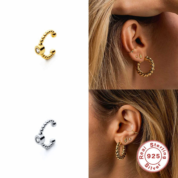S925 Sterling Silver Geometric Pattern Ear Clip Earrings For Women With Electroplating Design