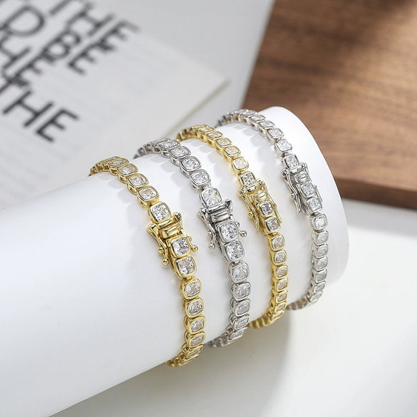 S925 Sterling Silver Geometric Patterned Electroplated Sugar Cube Diamond Bracelet