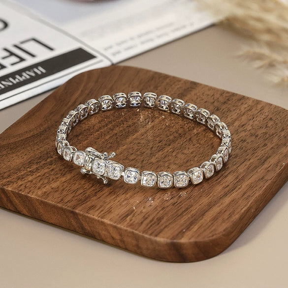 S925 Sterling Silver Geometric Patterned Electroplated Sugar Cube Diamond Bracelet