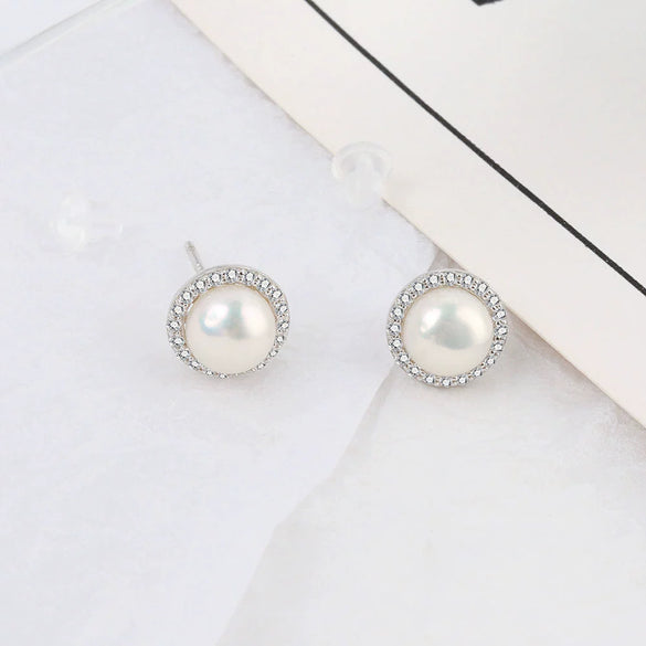 S925 Sterling Silver Geometric Pearl Stud Earrings For Women Electroplated Minimalist Love Style Jewelry
