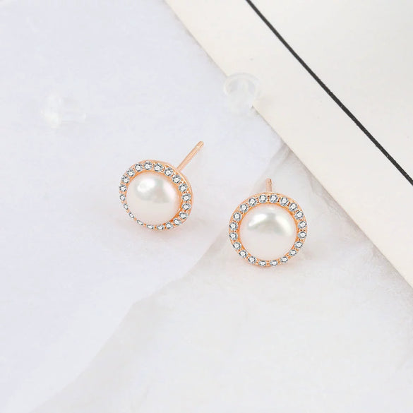 S925 Sterling Silver Geometric Pearl Stud Earrings For Women Electroplated Minimalist Love Style Jewelry