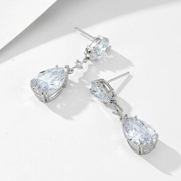 S925 Sterling Silver Geometric Pearshaped Water Drop Zircon Ladies Earrings
