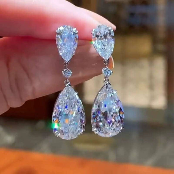 S925 Sterling Silver Geometric Pearshaped Water Drop Zircon Ladies Earrings