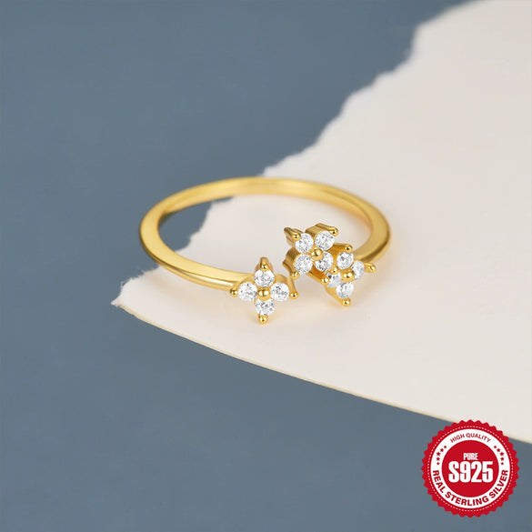 S925 Sterling Silver Geometric Petals Open Ring For Women With Real Gold Electroplating